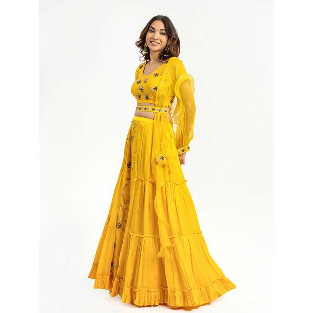 EESHA GUPTA Women Yellow Embroidered Lehenga with Choli and Dupatta (Set of 3)