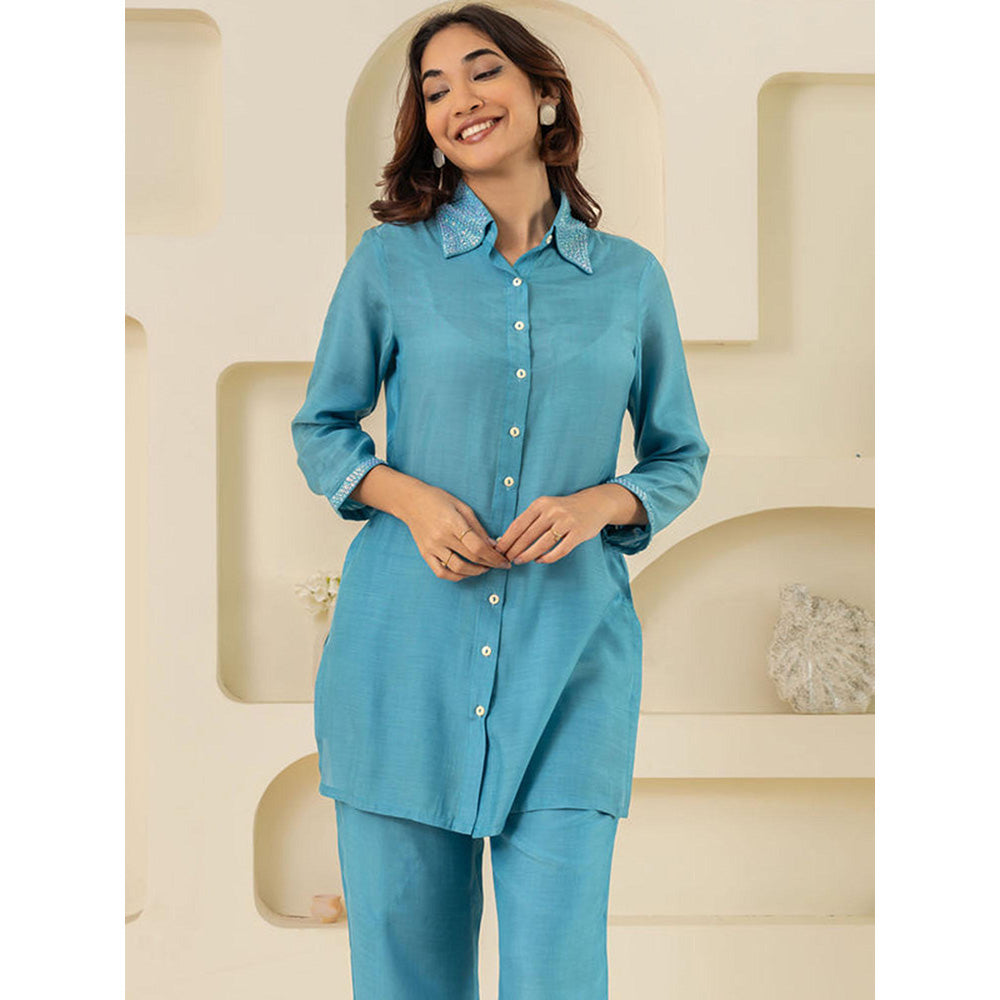 EESHA GUPTA Blue Sequin Cotton Co-Ord (Set of 2)