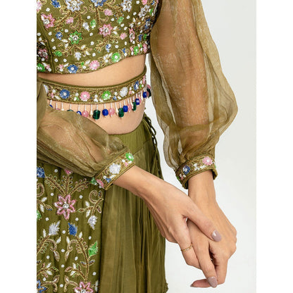 EESHA GUPTA Women Green Embellished Belted Lehenga with Choli and Dupatta (Set of 4)