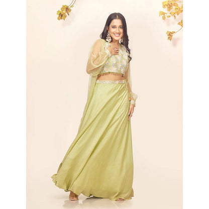 EESHA GUPTA Women Green Floral Lehenga with Choli and Cape (Set of 3)