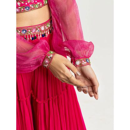 EESHA GUPTA Women Pink Floral Belted Lehenga with Choli and Dupatta (Set of 4)