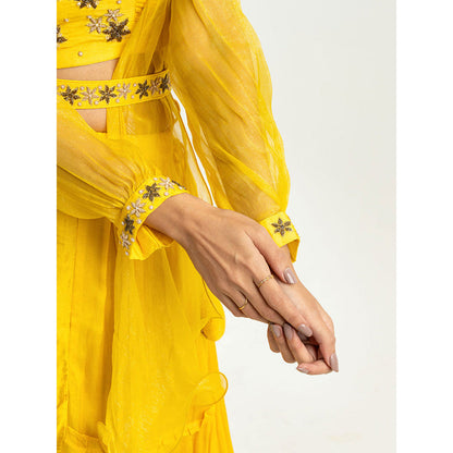 EESHA GUPTA Women Yellow Embroidered Belted Lehenga with Choli and Dupatta (Set of 4)