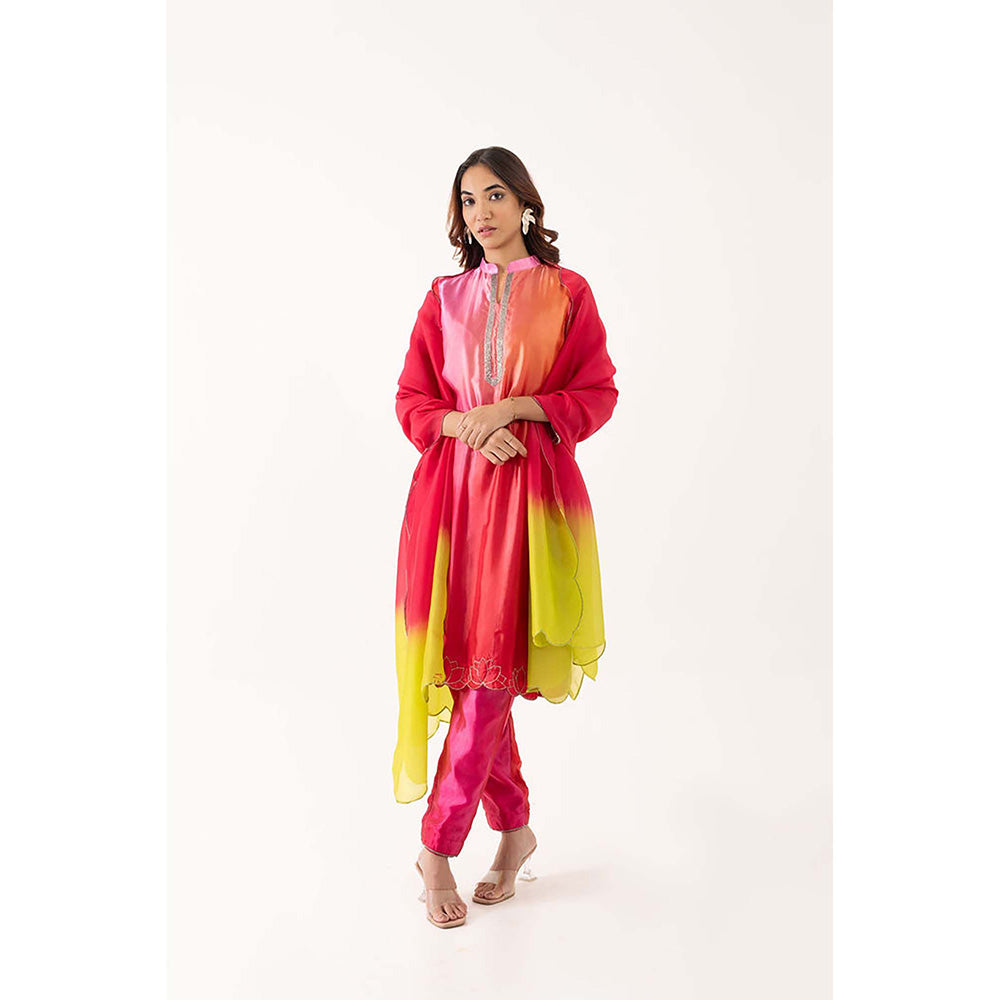 EESHA GUPTA Lotus Embroidered Shaded Kurta with Pant & Dupatta (Set of 3)