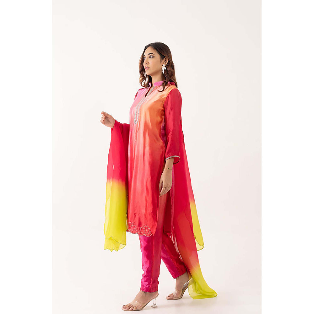 EESHA GUPTA Lotus Embroidered Shaded Kurta with Pant & Dupatta (Set of 3)