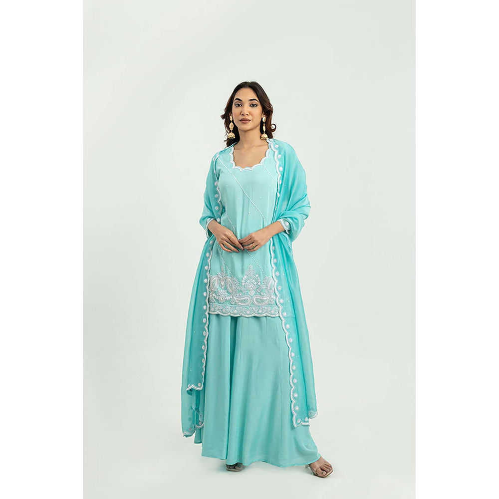 EESHA GUPTA Turquoise Scalloped Kurta with Palazzos & Dupatta (Set of 3)