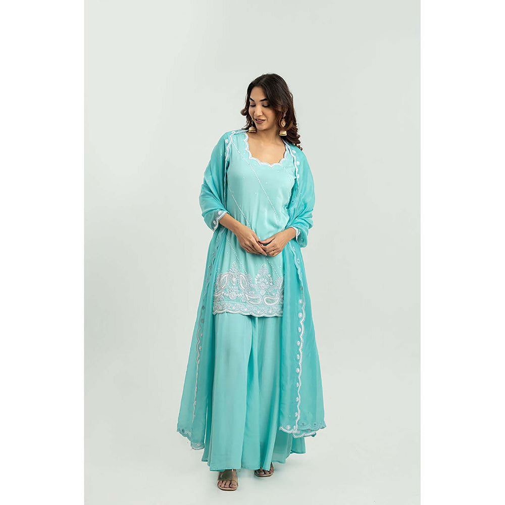 EESHA GUPTA Turquoise Scalloped Kurta with Palazzos & Dupatta (Set of 3)