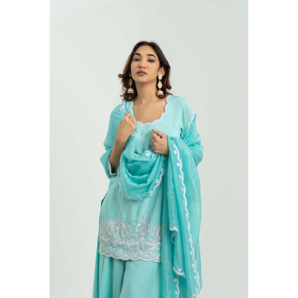 EESHA GUPTA Turquoise Scalloped Kurta with Palazzos & Dupatta (Set of 3)