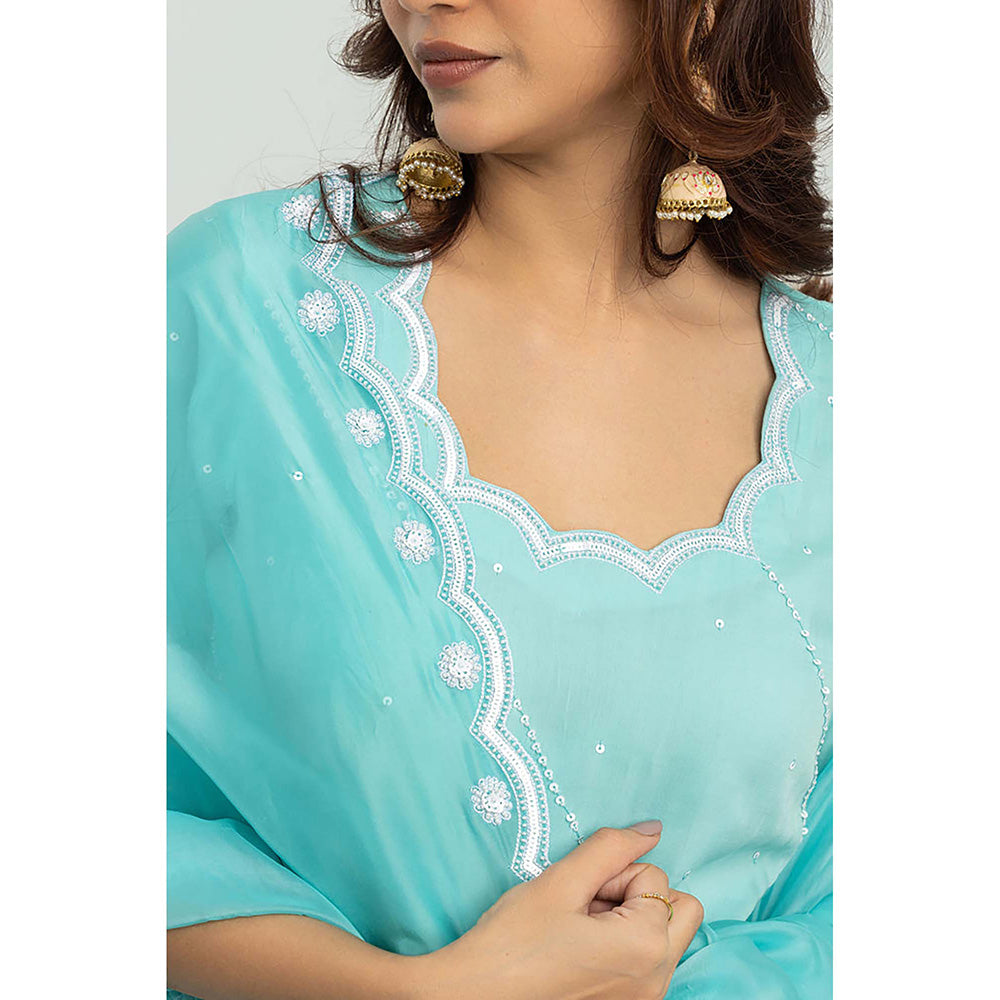EESHA GUPTA Turquoise Scalloped Kurta with Palazzos & Dupatta (Set of 3)