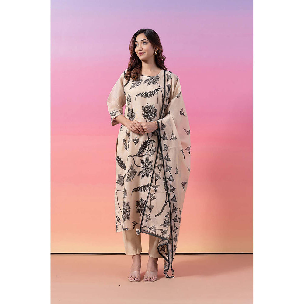 EESHA GUPTA Cream and Green Linen Kurta with Pant & Dupatta (Set of 3)