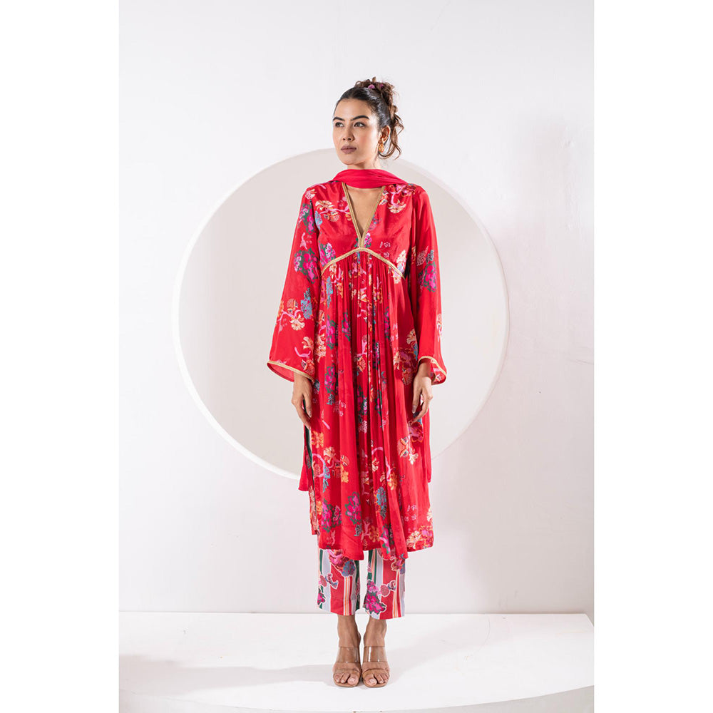 Ekavira Madhubala Red Floral Print Kurta with Pant and Dupatta (Set of 3)
