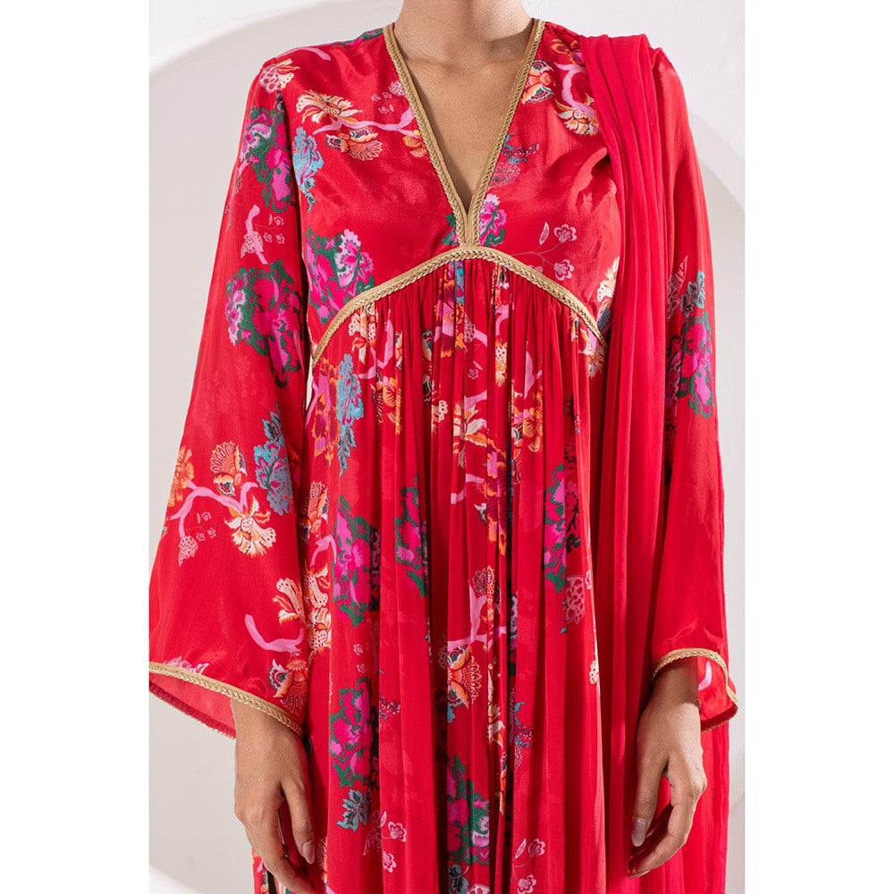 Ekavira Madhubala Red Floral Print Kurta with Pant and Dupatta (Set of 3)