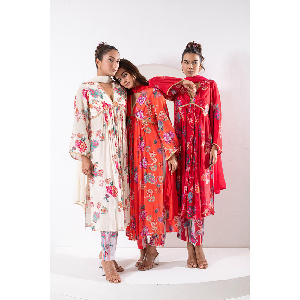 Ekavira Madhubala Red Floral Print Kurta with Pant and Dupatta (Set of 3)
