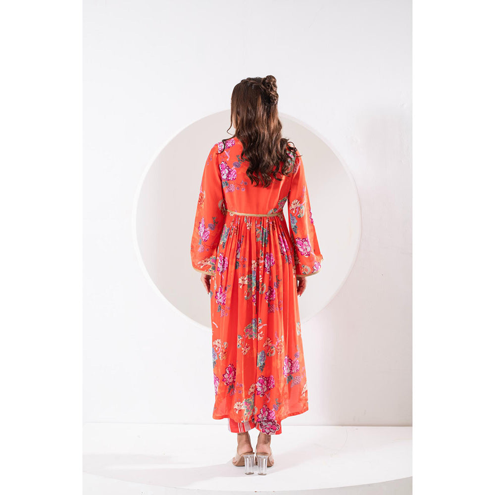 Ekavira Madhubala Orange Floral Print Kurta with Pant and Dupatta (Set of 3)