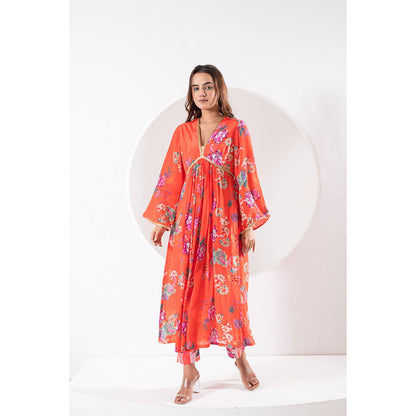 Ekavira Madhubala Orange Floral Print Kurta with Pant and Dupatta (Set of 3)