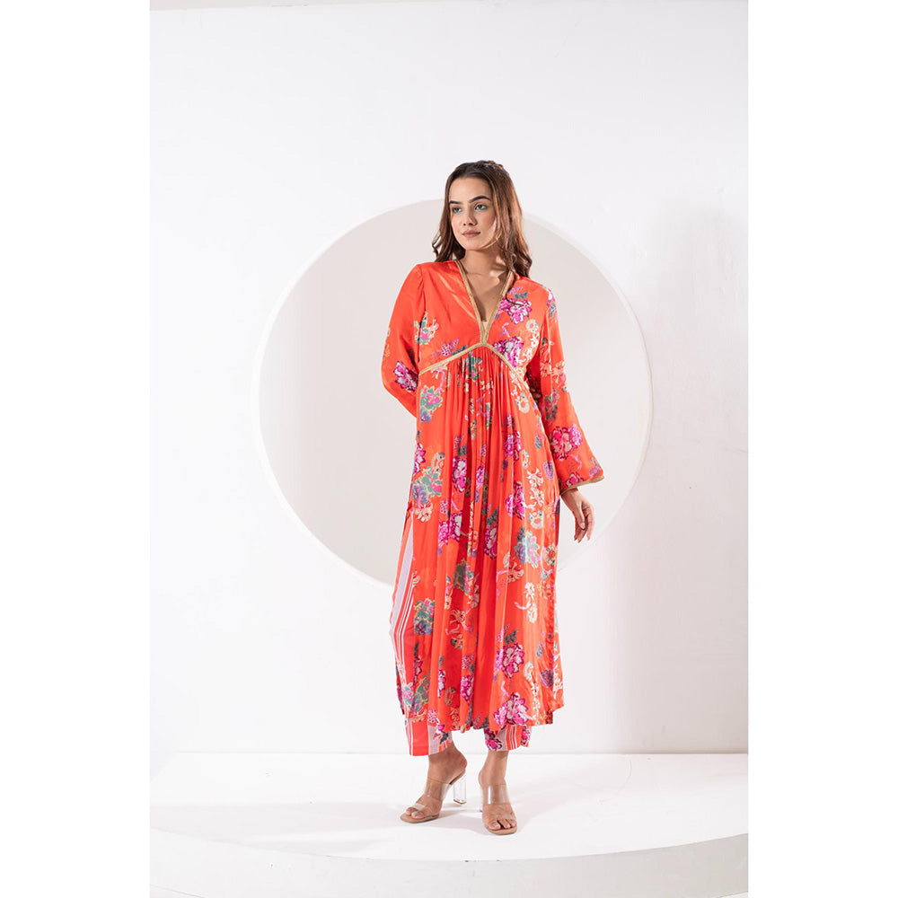 Ekavira Madhubala Orange Floral Print Kurta with Pant and Dupatta (Set of 3)