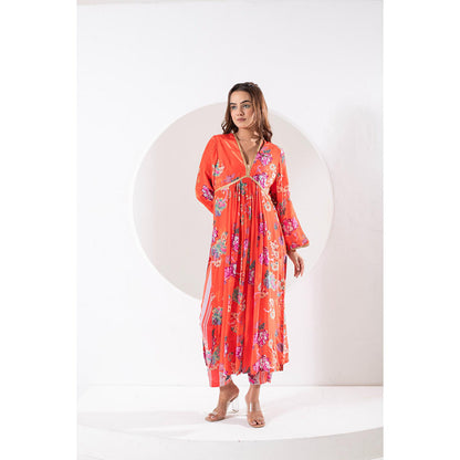 Ekavira Madhubala Orange Floral Print Kurta with Pant and Dupatta (Set of 3)