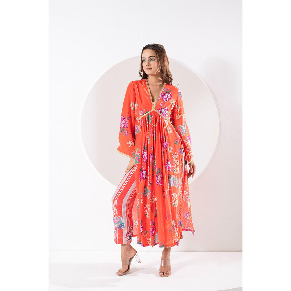 Ekavira Madhubala Orange Floral Print Kurta with Pant and Dupatta (Set of 3)