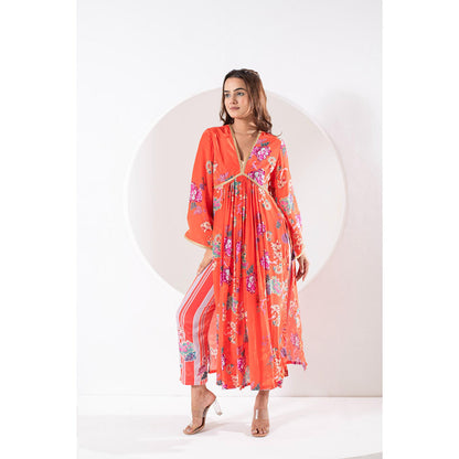 Ekavira Madhubala Orange Floral Print Kurta with Pant and Dupatta (Set of 3)