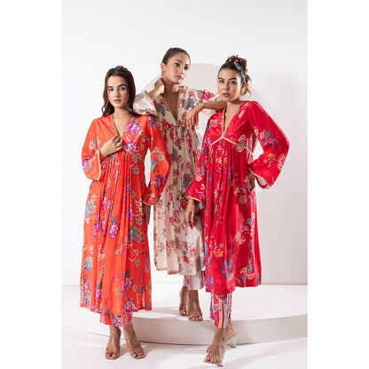 Ekavira Madhubala Orange Floral Print Kurta with Pant and Dupatta (Set of 3)