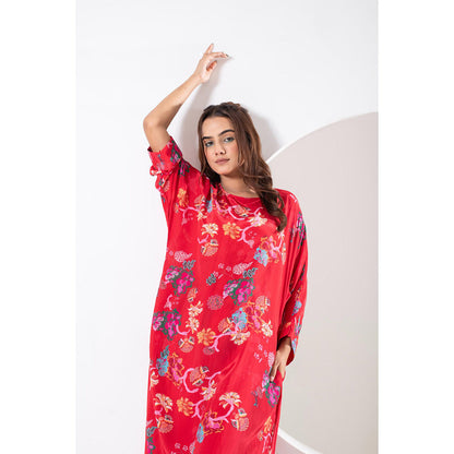 Ekavira Rukhmani Red Floral Print Kurta and Pant (Set of 2)