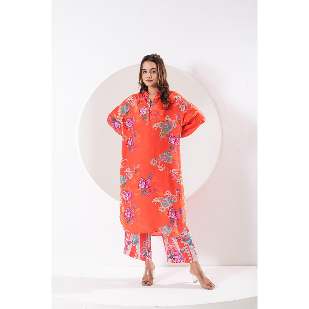 Ekavira Kanak Orange Floral Print Kurta and Pant (Set of 2)