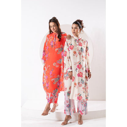 Ekavira Kanak Orange Floral Print Kurta and Pant (Set of 2)