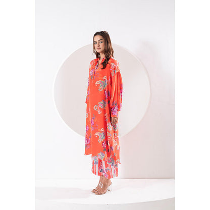 Ekavira Kanak Orange Floral Print Kurta and Pant (Set of 2)