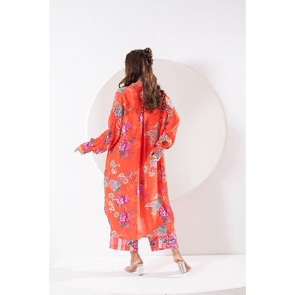 Ekavira Kanak Orange Floral Print Kurta and Pant (Set of 2)