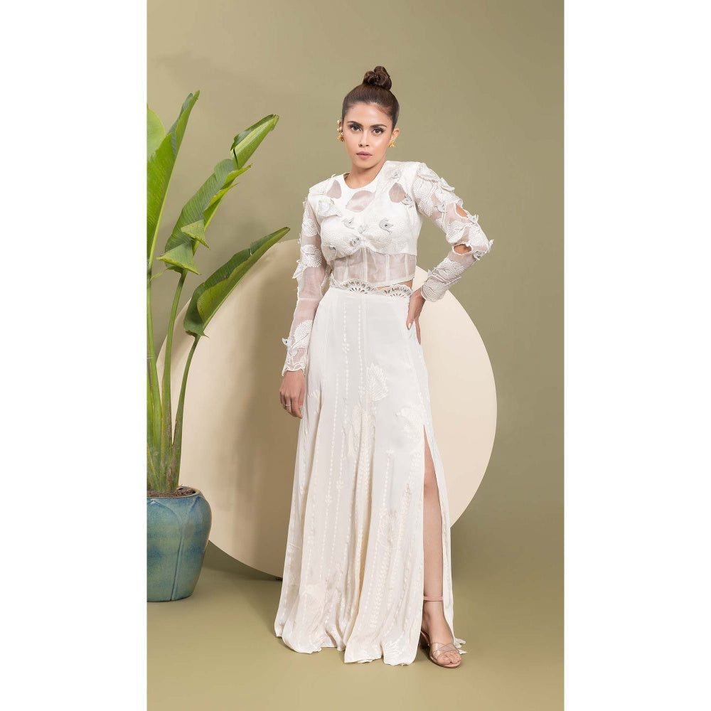 EK Soot White Embroidered Top with Skirt (Set of 2)