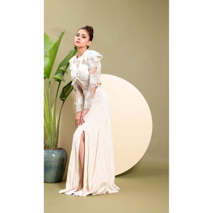 EK Soot White Embroidered Top with Skirt (Set of 2)