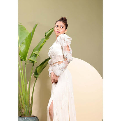 EK Soot White Embroidered Top with Skirt (Set of 2)