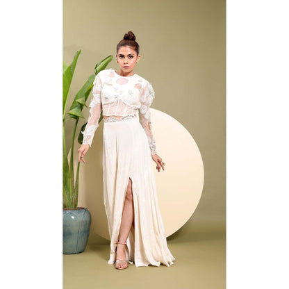 EK Soot White Embroidered Top with Skirt (Set of 2)