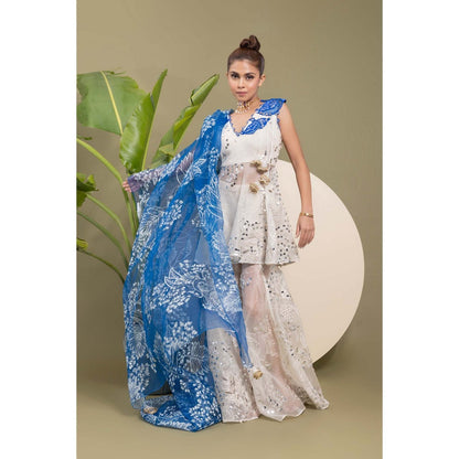 EK Soot White Embroidered Kurta with Sharara and Dupatta (Set of 3)