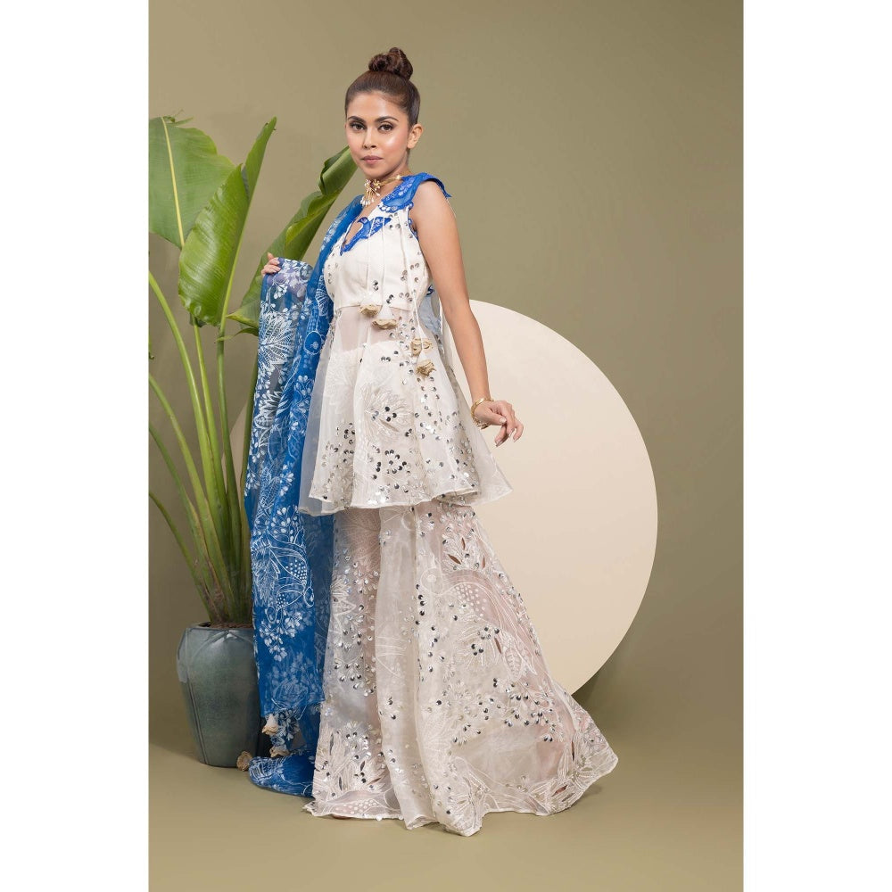 EK Soot White Embroidered Kurta with Sharara and Dupatta (Set of 3)