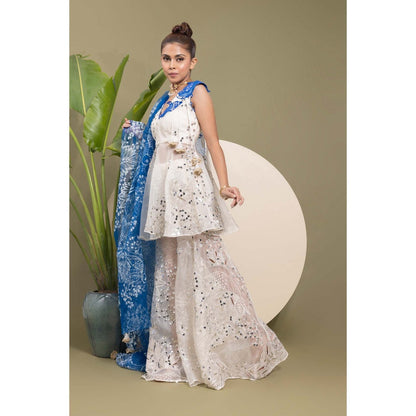 EK Soot White Embroidered Kurta with Sharara and Dupatta (Set of 3)