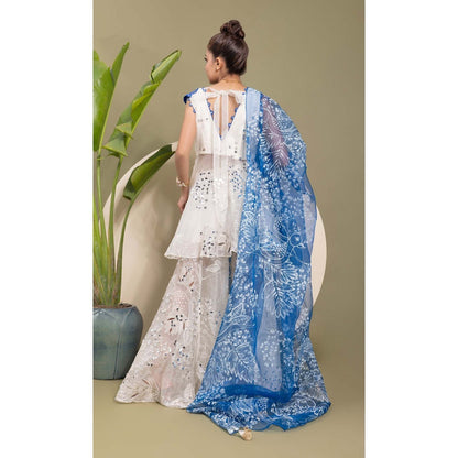 EK Soot White Embroidered Kurta with Sharara and Dupatta (Set of 3)