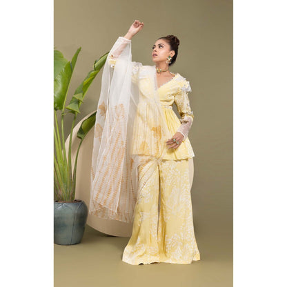 EK Soot Yellow Embroidered Kurta with Sharara and Dupatta (Set of 3)