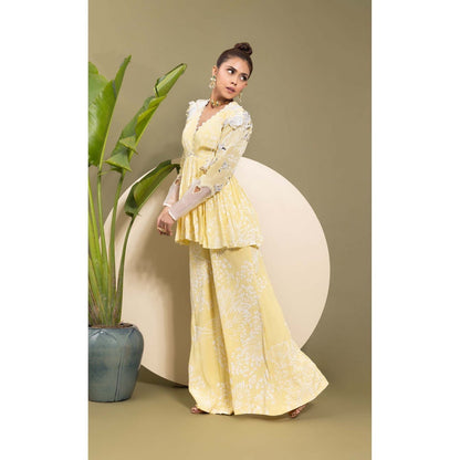 EK Soot Yellow Embroidered Kurta with Sharara and Dupatta (Set of 3)