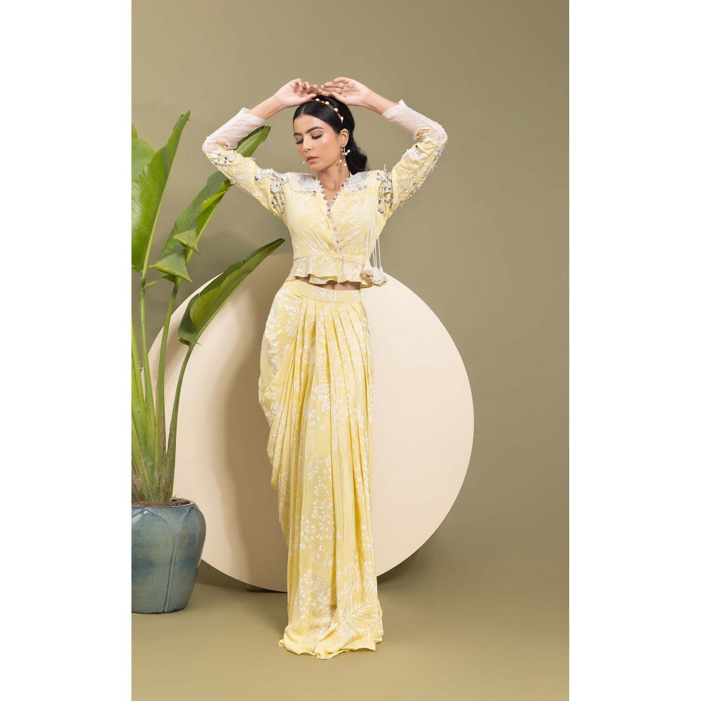 EK Soot Yellow Embroidered Printed Top with Skirt (Set of 2)