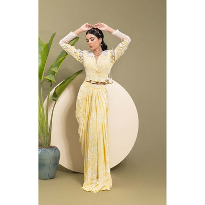 EK Soot Yellow Embroidered Printed Top with Skirt (Set of 2)
