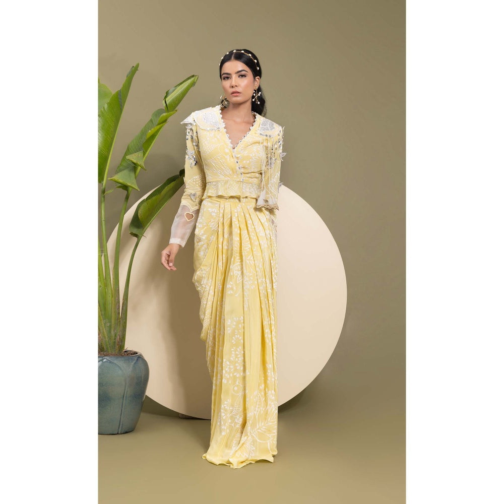 EK Soot Yellow Embroidered Printed Top with Skirt (Set of 2)