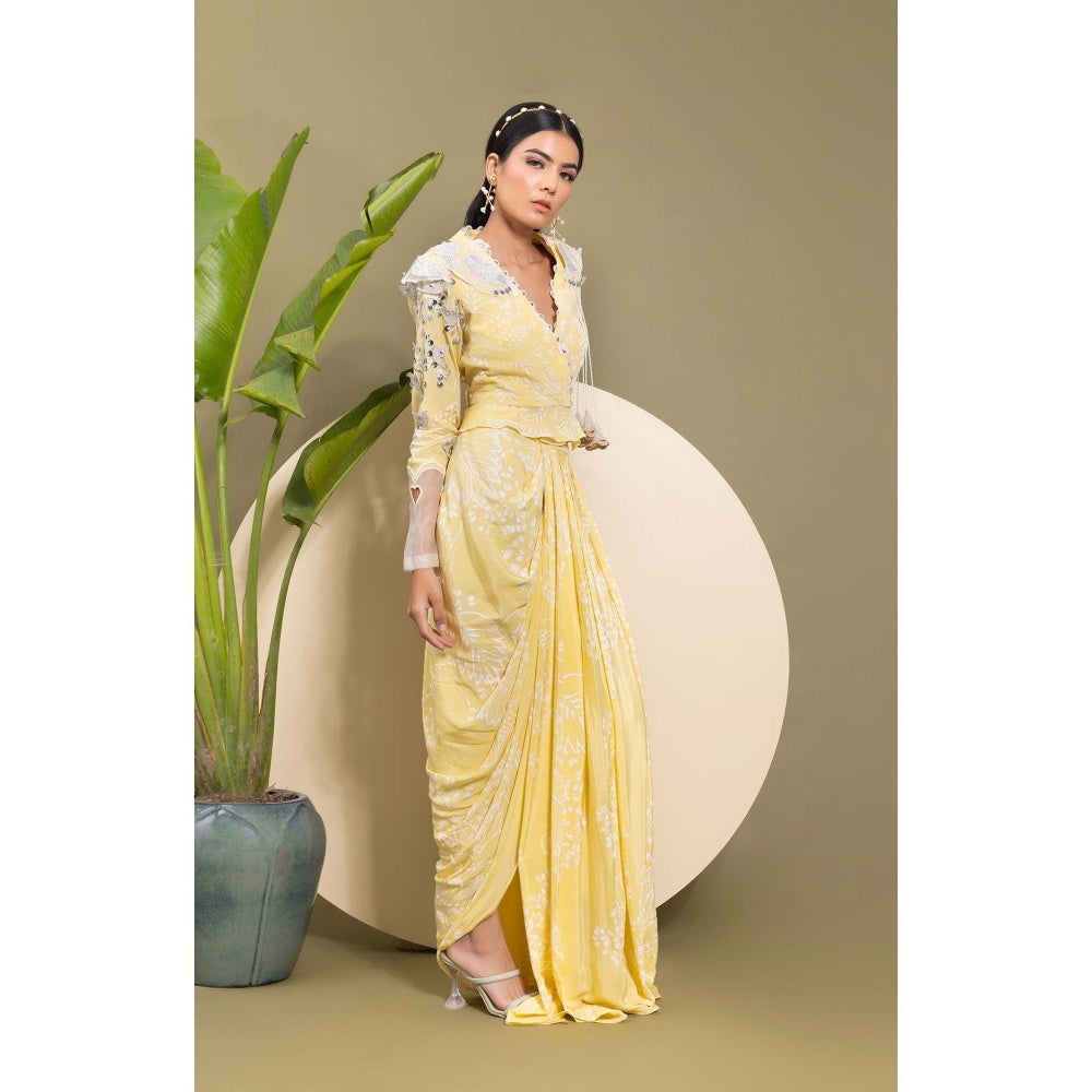 EK Soot Yellow Embroidered Printed Top with Skirt (Set of 2)