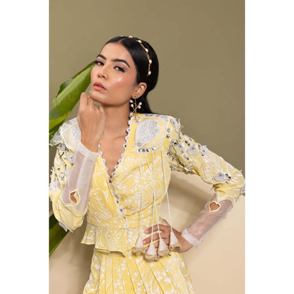 EK Soot Yellow Embroidered Printed Top with Skirt (Set of 2)