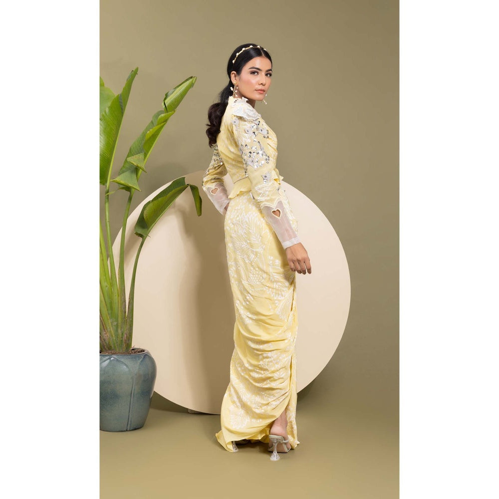 EK Soot Yellow Embroidered Printed Top with Skirt (Set of 2)