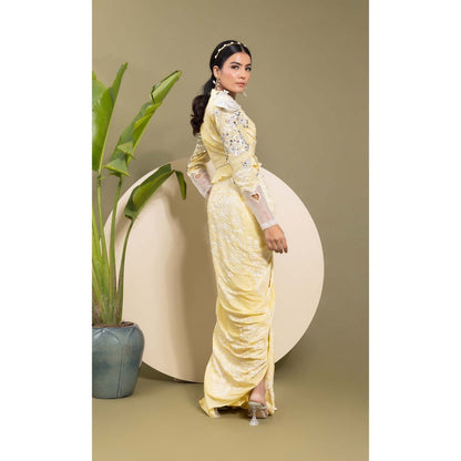 EK Soot Yellow Embroidered Printed Top with Skirt (Set of 2)