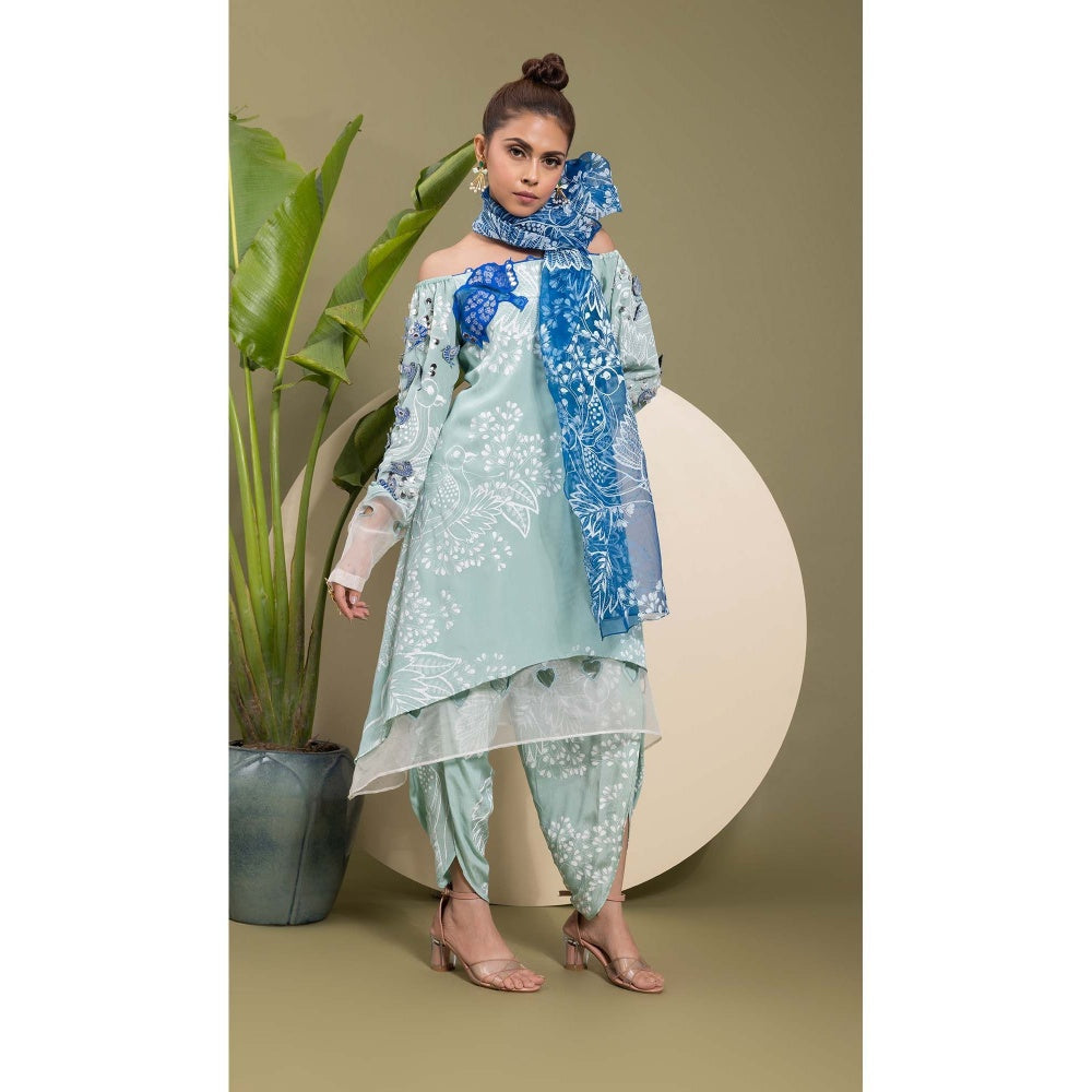 EK Soot Sea Green Embroidered Printed Kurta with Dhoti and Scarf (Set of 3)