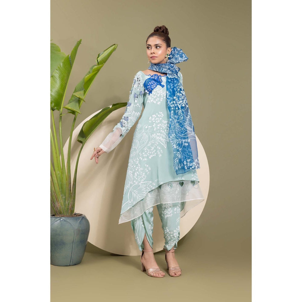 EK Soot Sea Green Embroidered Printed Kurta with Dhoti and Scarf (Set of 3)