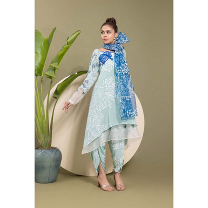 EK Soot Sea Green Embroidered Printed Kurta with Dhoti and Scarf (Set of 3)