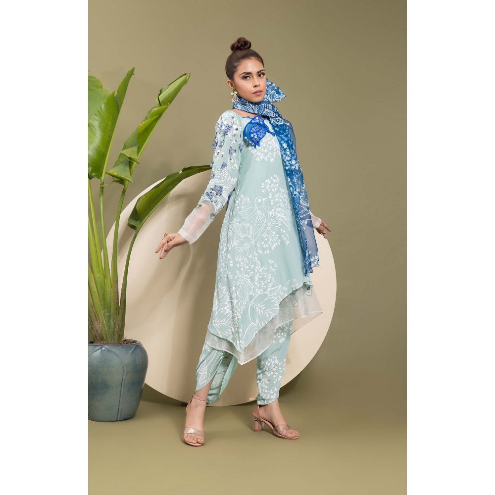 EK Soot Sea Green Embroidered Printed Kurta with Dhoti and Scarf (Set of 3)