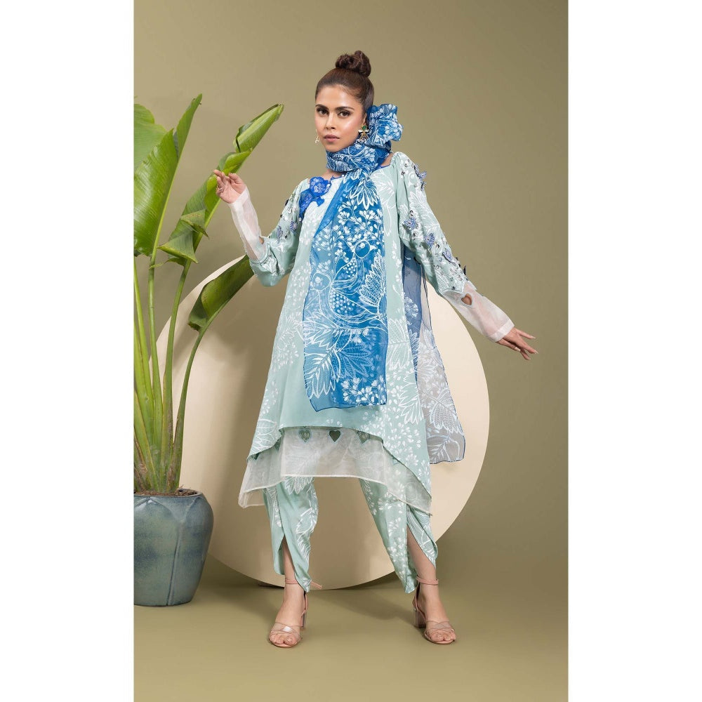 EK Soot Sea Green Embroidered Printed Kurta with Dhoti and Scarf (Set of 3)